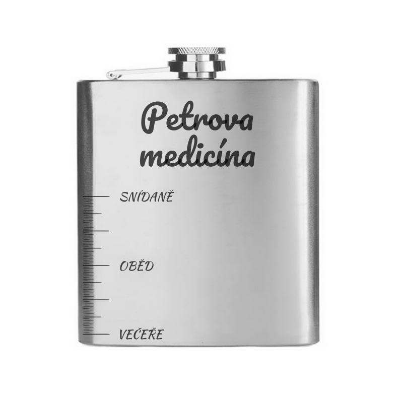 Placatka Jídelníček se jménem – nerezová placatka s gravírovaným nápisem Petrova medicína a stupnicí
