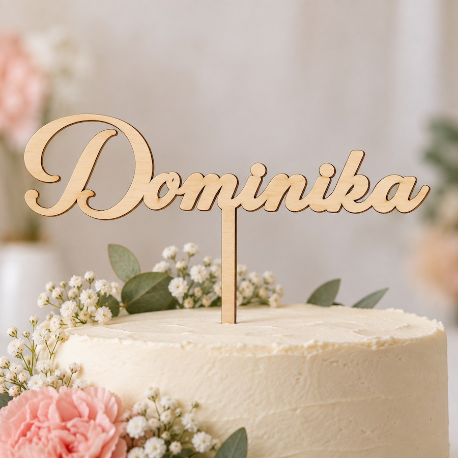 Zápich do dortu se jménem – dřevěný zápich se jménem Dominika v bílém dortu s květinami